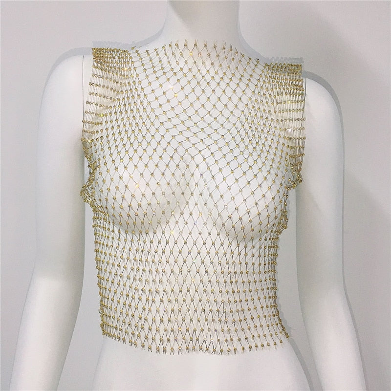 Women's Fishnet Rhinestone Crop Top 2023 Summer Sexy Mesh High Elastic Black White Shirt Net See Through Rave Diamond Tank Top Gold Spain
