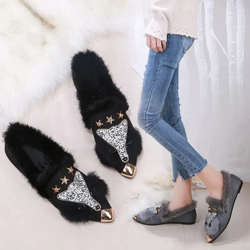 Crystal Fox Pattern Winter Flat Loafers Women Metal Pointed Toe Glitter Fur Moccasins Brand Design Ballet Flats Ladies Shoes