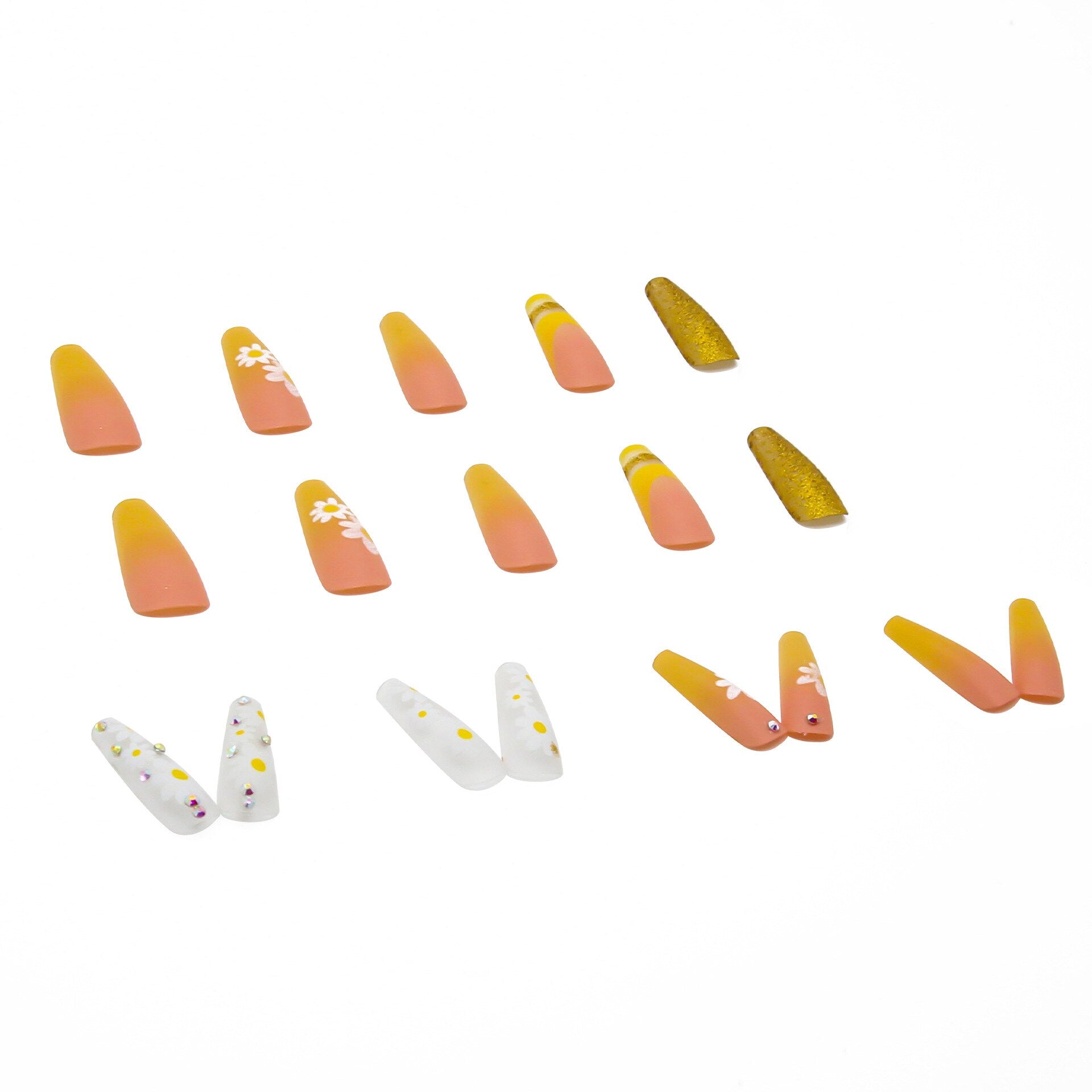 24Pcs/Box Yellow Daisy Long Ballerina Wearable Fake Nails Press on Full Cover Detachable Finished Fingernails