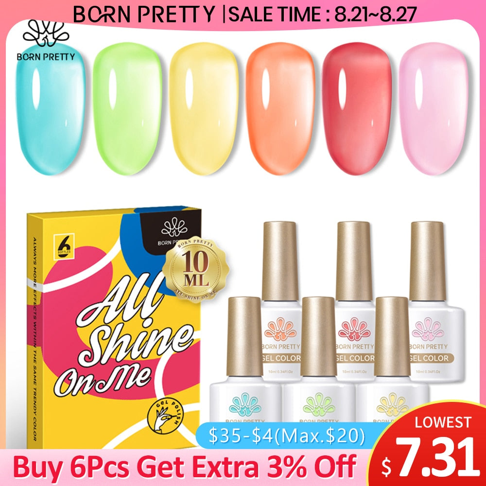 BORN PRETTY 6 Bottles 10ml Jelly Transparent Nail Gel Pink Nude Color Soak Off Gel Nail Polish for Manicure