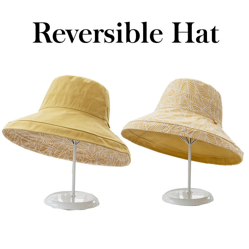 Spring Summer Print Reversible Sun Beach Hat Woman Girl Outdoor Travel Vacation Fisherman Cap Wide Brim 12.5cm Visor Hat B Yellow Head Girth 56-58cm