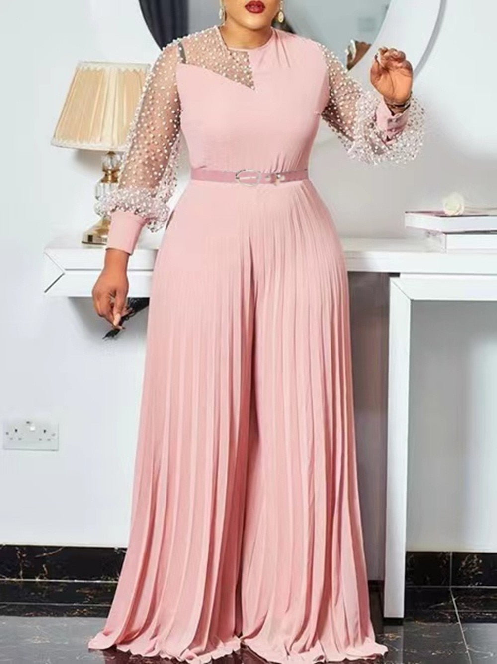 S-5xl Fall Outfits Women Pink Fashion Plus Size Jumpsuit Slim Pleated Long Sleeve Rompers Elegant Clothes Wholesale Dropshipping