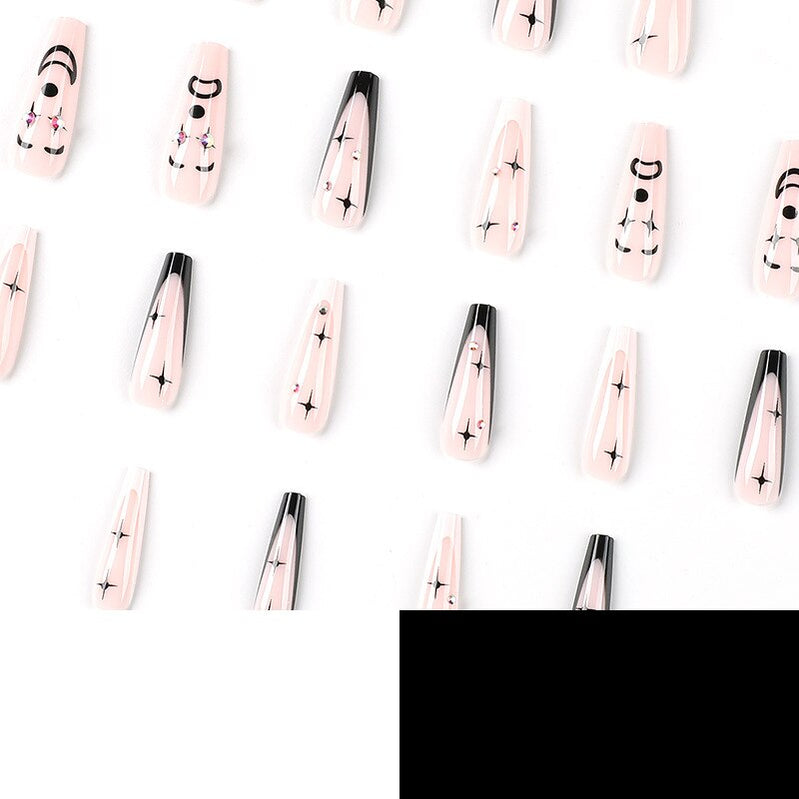 Black White French Stars Rhinestone Wearable Long Ballet Fake Nails Full Cover Finished False Nails Press on Nails with Glue