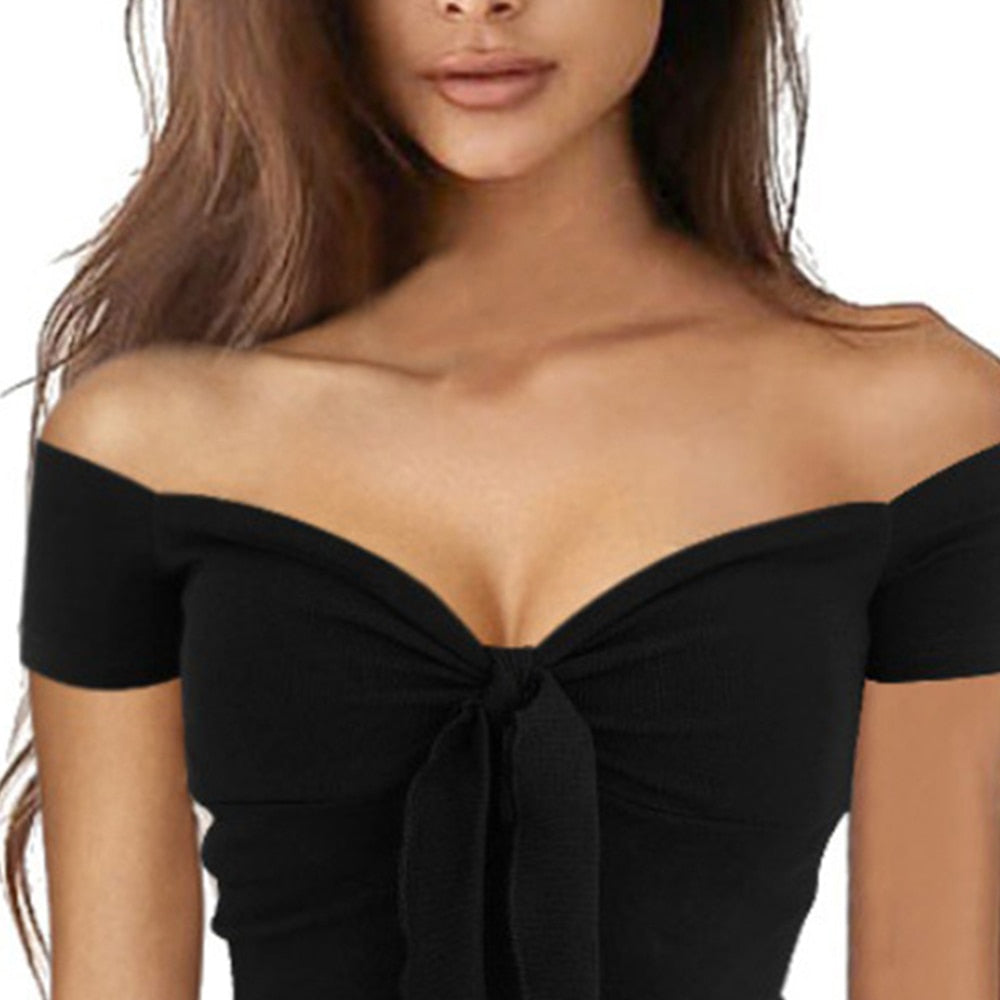 Women Sexy Off Shoulder Tops Shirt Ladies Slim Fit Slight Strech Cotton Blended Solid Bowknot Clubwear Holiday Party Blouse 2023
