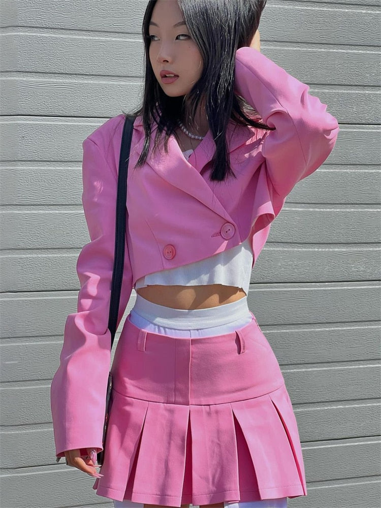 Casual Two Piece Sets Women's Fall Outfits New Black Matching Sets With Skirt And Blazer Cropped Top Suit For Women