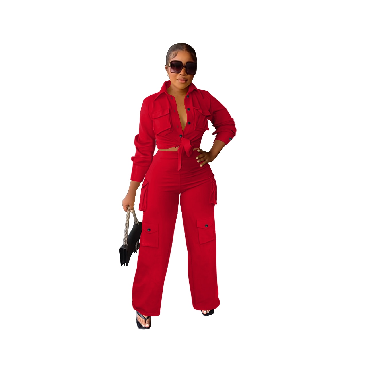 Autumn Winter Casual Solid Color Long Sleeve Shirt Pants Tooling Multiple Pockets Wide Leg High wWaisted Knit Women Set Red