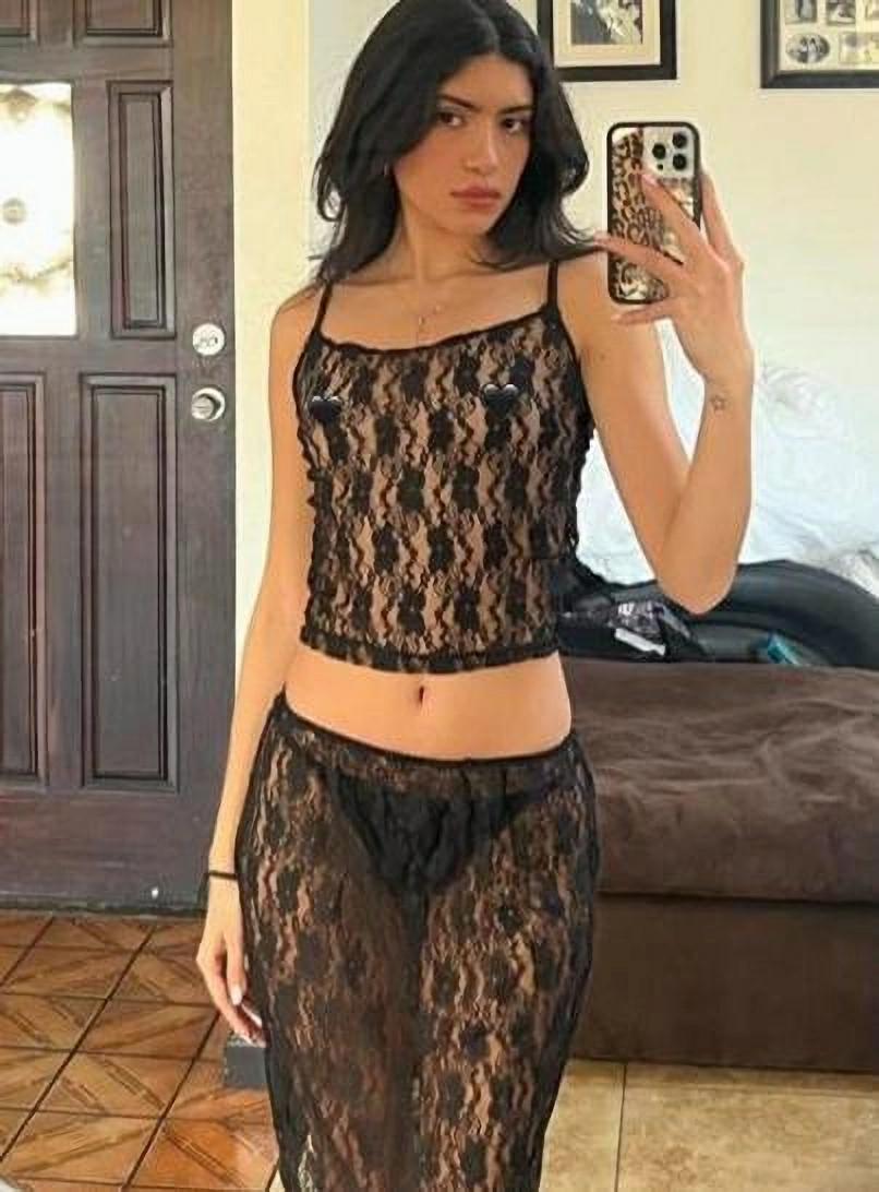 Women y2k Skirt Sets Suit 2Pcs Suit Lace Flower See Through Sleeveless Camisole + Wrapped Midi Skirt Summer Beach Outfits
