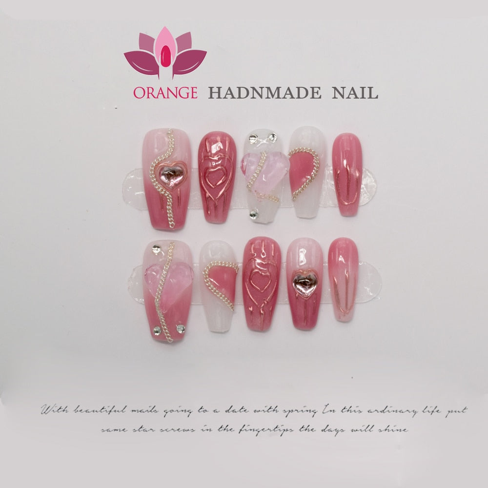 Pink Handmade Nails Press on Full Cover Professional Nails Manicuree Heart False Nails Japanese Wearable Artificial With Designs