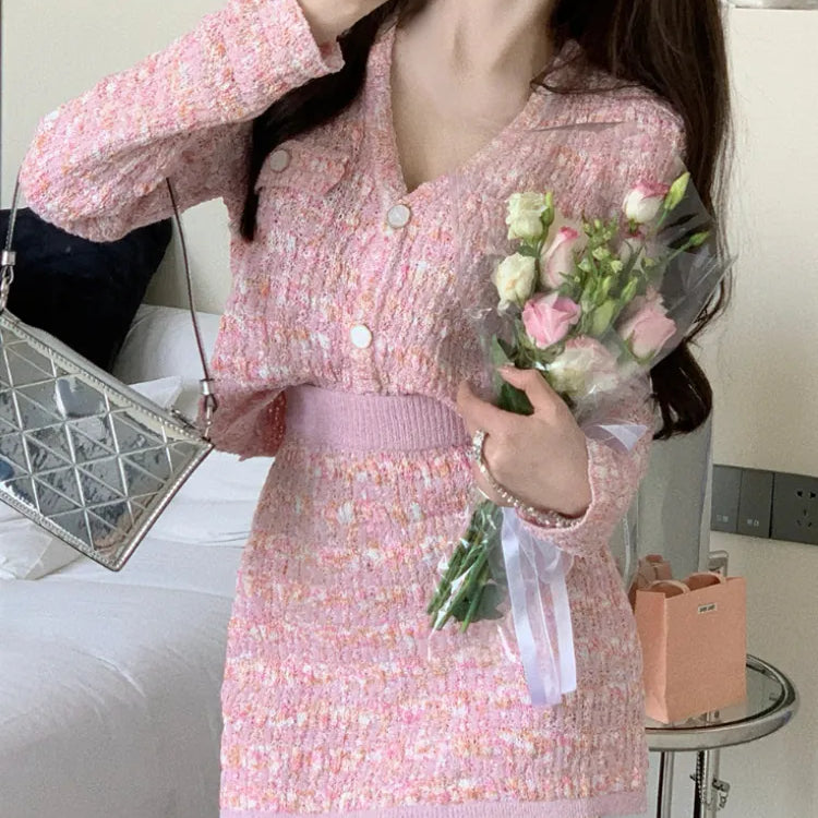 Two Piece Dress Set Sweet Cardigan Sweater + Slim Skirt Pink Elegant Y2k Mini Dress Autumn Office Lady Casual Knitted Suits