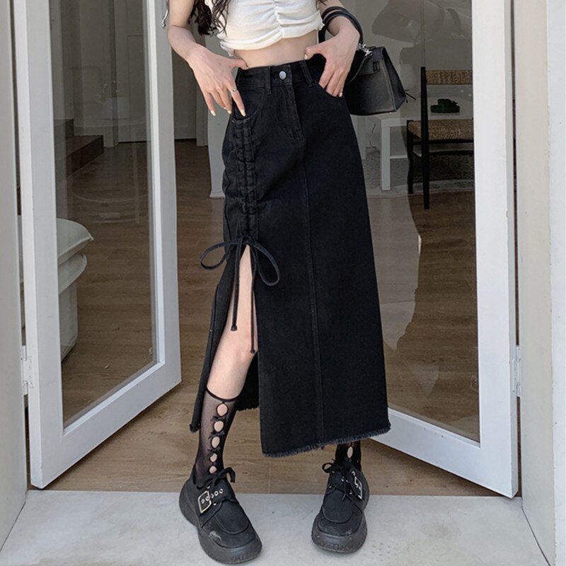 S-5XL Women Denim Skirt Spring Summer 2023 Fashion Casual Medium-long Package hip Irregular hem Slim Waist Skirts Jeans Female Black