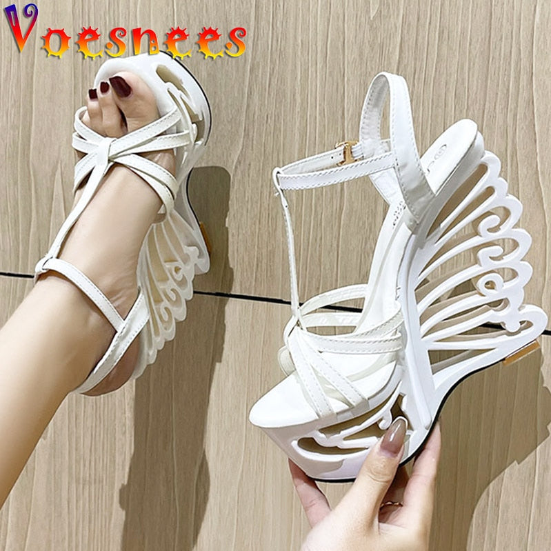 Summer Hollow Out Platform Nightclub Fashion Pumps Woman Super High Heel Wedges Sandals Sexy Ankle Buckle Peep Toe Party Shoes