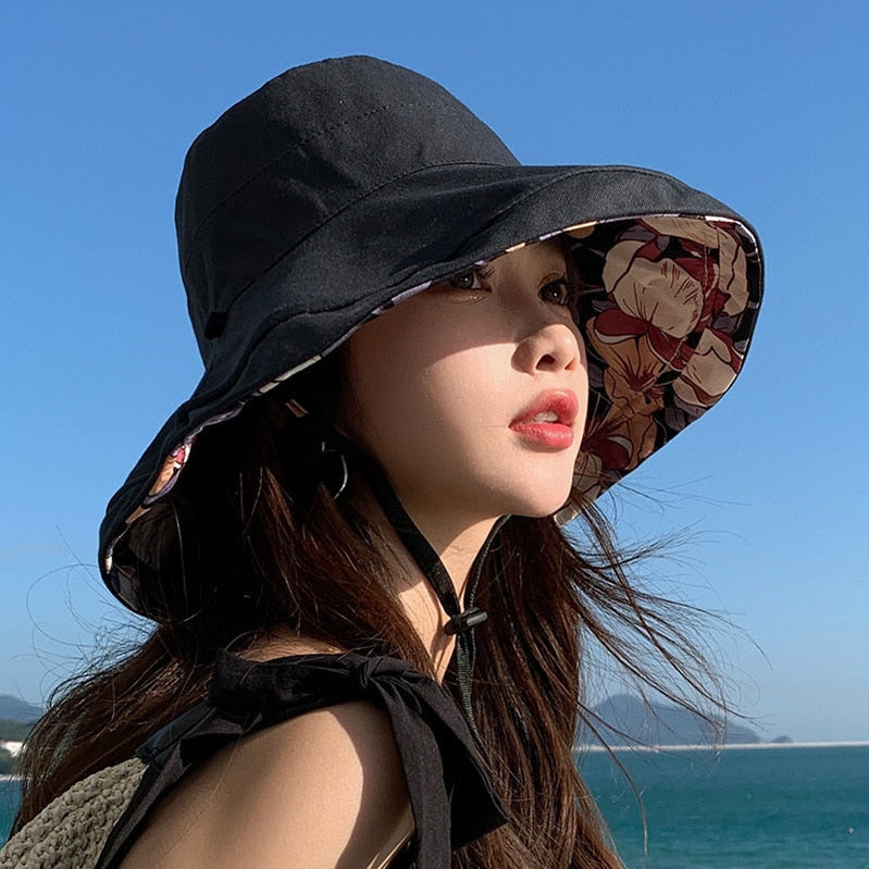 Spring Summer Print Reversible Sun Beach Hat Woman Girl Outdoor Travel Vacation Fisherman Cap Wide Brim 12.5cm Visor Hat A Black Head Girth 56-58cm