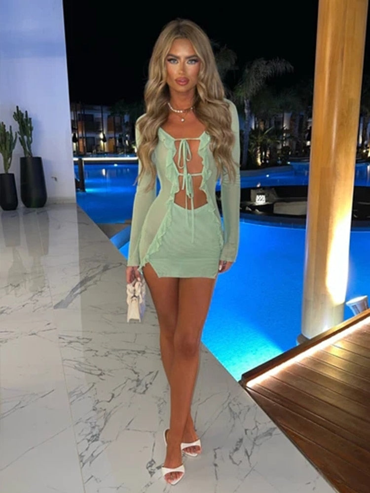 Townlike Sexy 3 Pieces Set Women Long Sleeve Crop Top And Mini Skirts And Bra Slim Three Piece Set 2023 Spring Summer Outfits 23008lightgreen