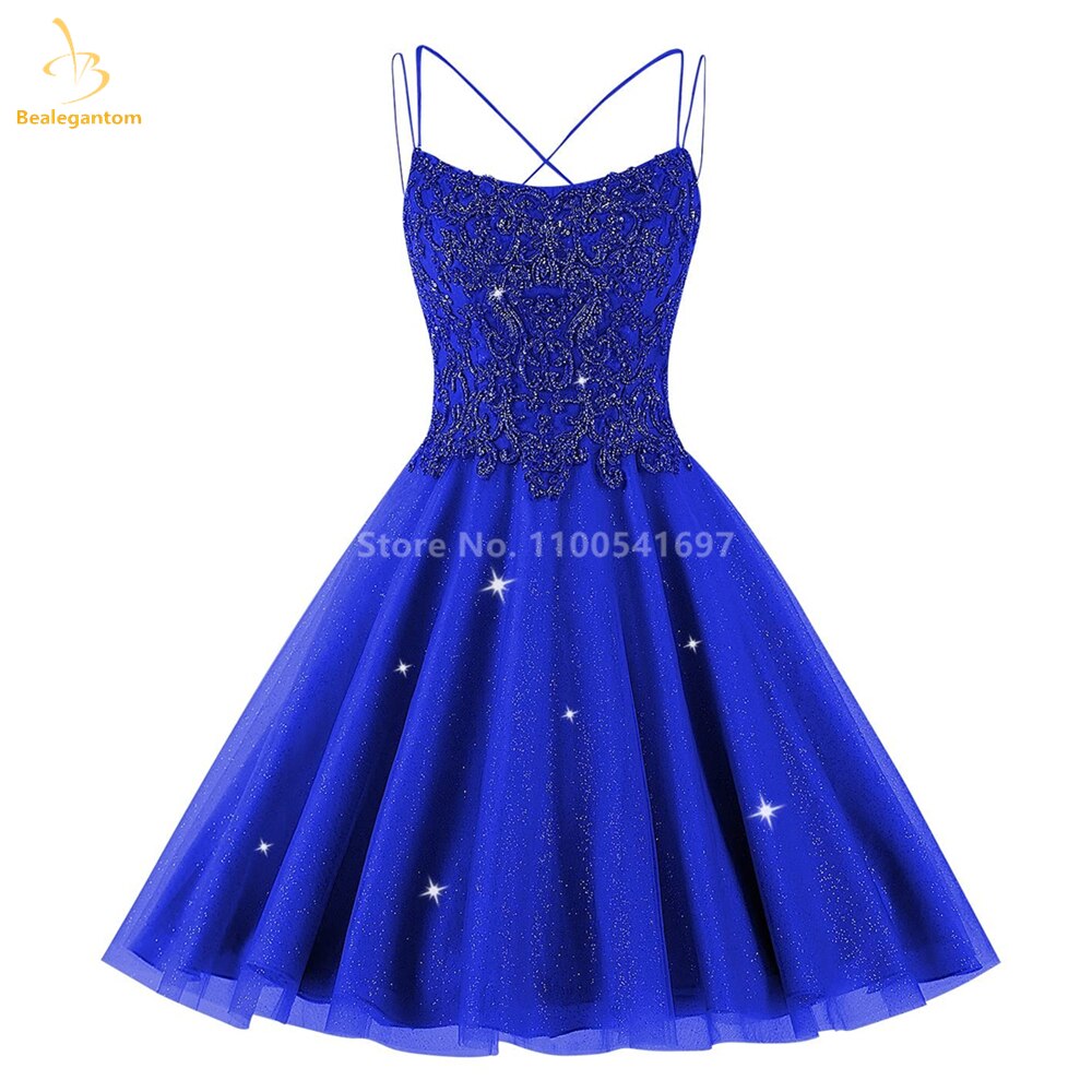 Bealegantom Lace Beaded Spaghetti Homecoming Dresses Sparkly Tulle Pageant Short Prom Party Cocktail Gown Vestidos De Graudation Royal Blue