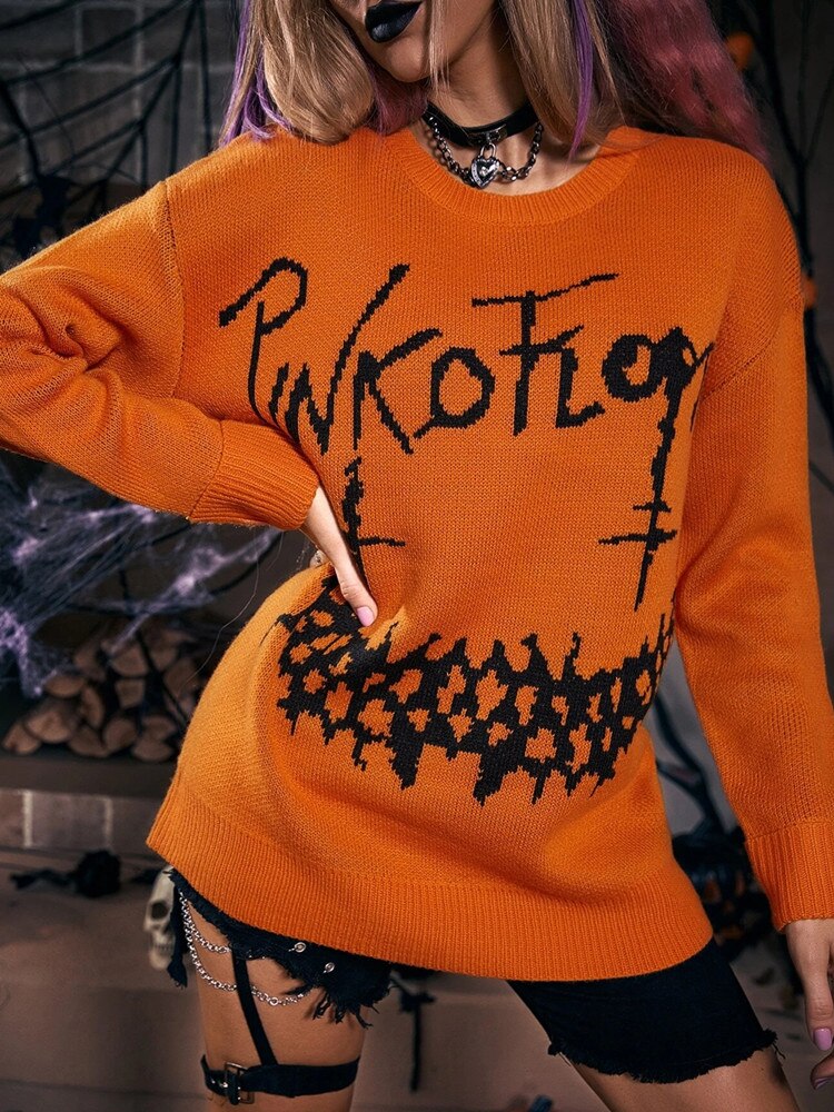 Yangelo Halloween Gothic Letter Pattern Knitted Sweater Punk Street Retro Basic Women's Fall Winter Warm Loose Sweater