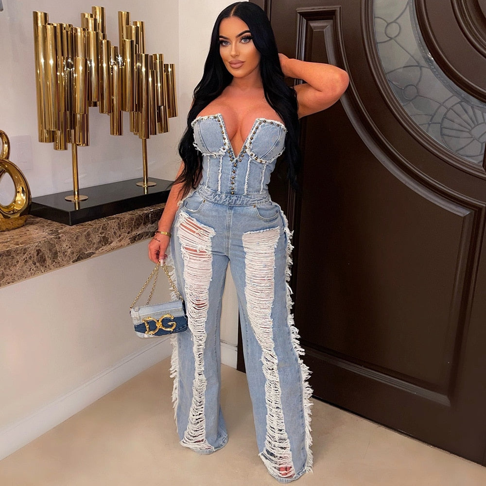 Vintage Hole Tassel Denim Jumpsuit Women New Fashion Sexy Off The Shoulder V Neck Rivet Club Party Romper Y2K One Pieces