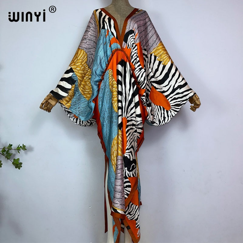 Sexy bech hand-rolled feel silk rayon fashion print Maxi Women's robes long beach V-neck Bohemian dress 14 One Size