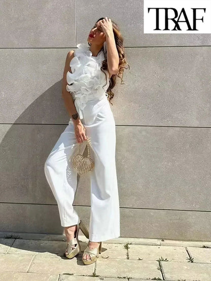 TRAF 2023 New Summer Women Elegant Solid Ruffle Sexy White Jumpsuits Fashion Long Jumpsuit with Belt