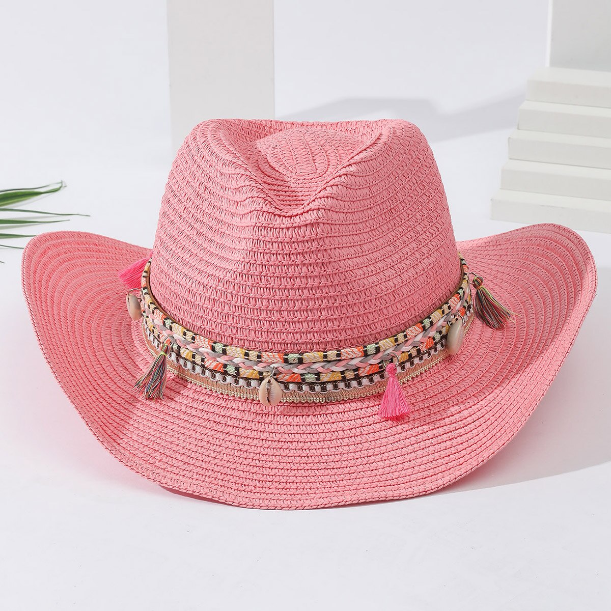 Women Pink Tassel Cowboy Hat Floppy Beach Hats Summer Straw Hats Ladies UV Protection Hat Panama Sun Hat navy
