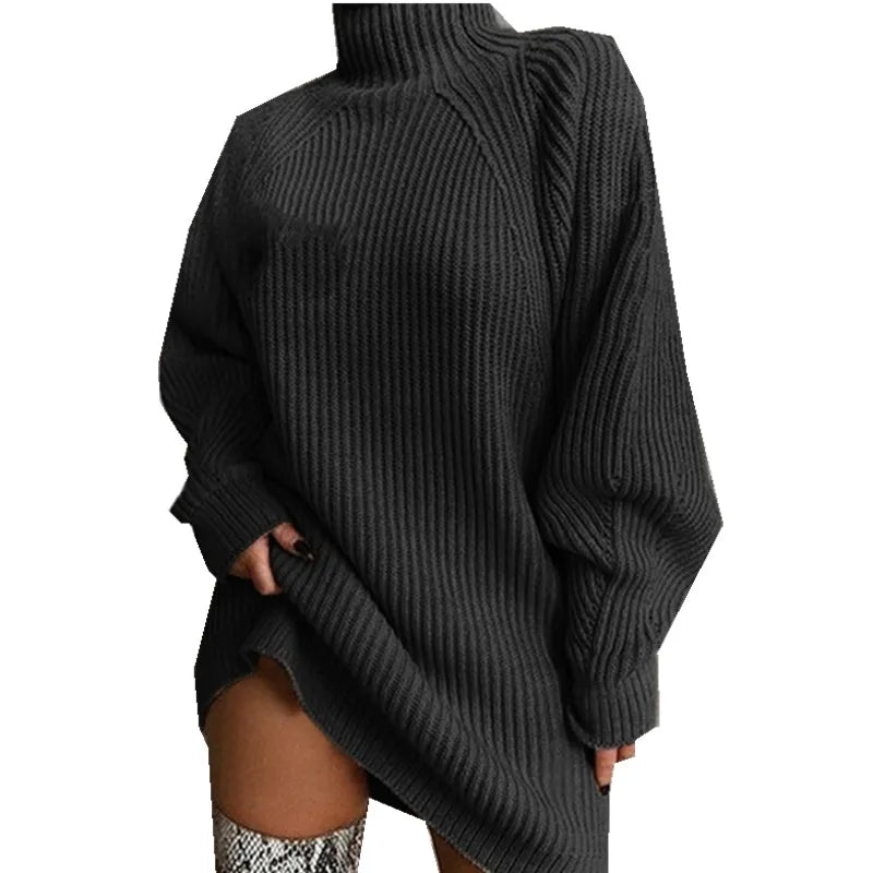 Women Turtleneck Oversized Knitted Dress Solid Long Sleeve Casual Elegant Sweater Knitted Dress Autumn/Winter Clothes