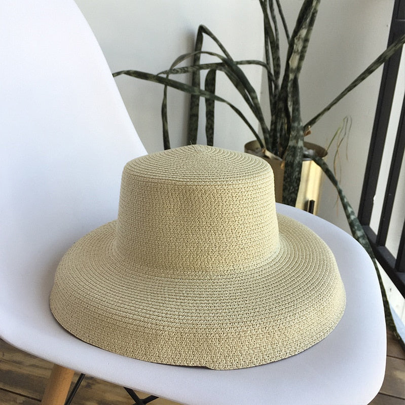 Summer hat new female sun hat folding beach hat big brim travel sunscreen Hepburn wind sun hat travel 8 Spain 55-58CM
