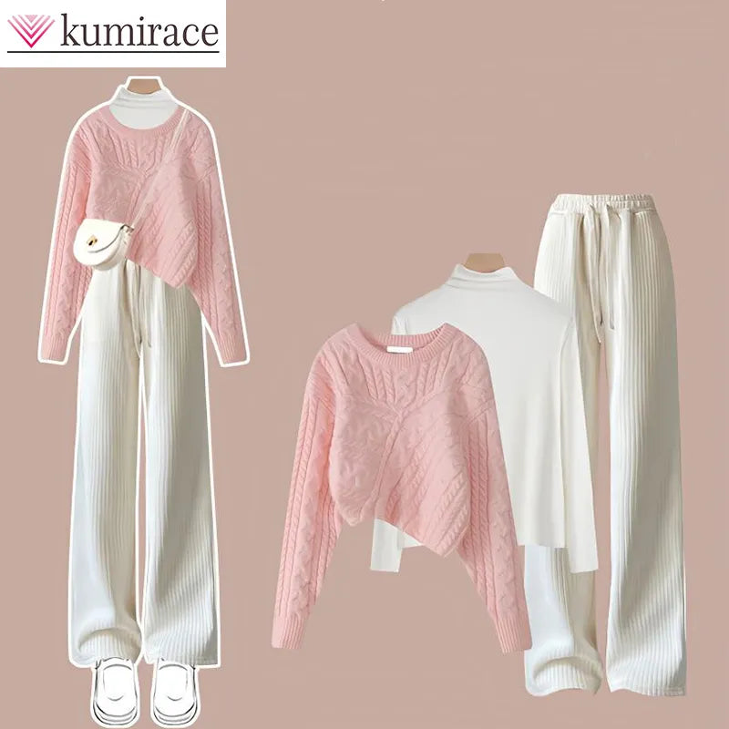 Høst og vintersett kvinner 2023 Ny koreansk strikket genser Kvinners underlag Casual Pants Three Piece Set Winter Clothes Women