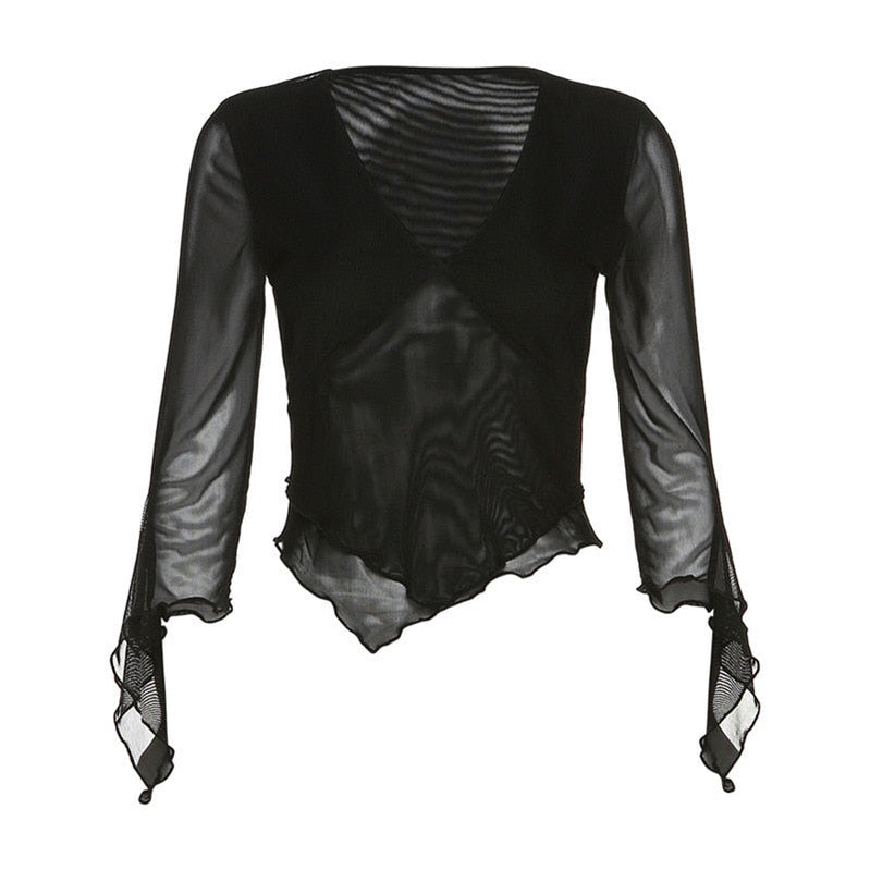 Tawnie Y2K Mesh Skirt 2 Pieces Sets Women 2023 Summer Casual V Neck Long Sleeve Crop Top Bodycon Maxi Skirt Matching Sets Outfit Top