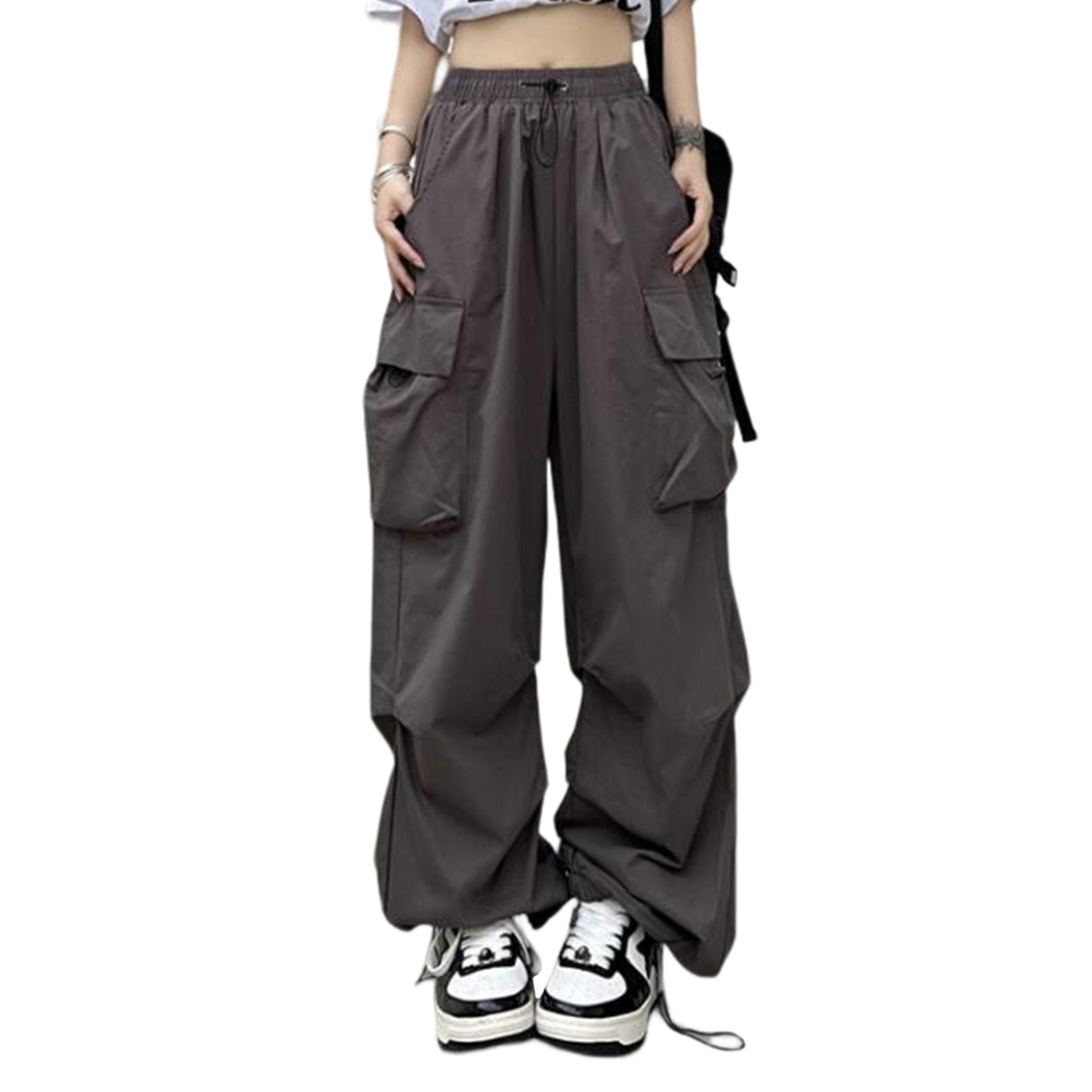 Fashion Casual Cargo Pants American Style Women Casual Cargo Trousers Elastic Waist Vintage with Pockets Solid Color Streetwear Grey