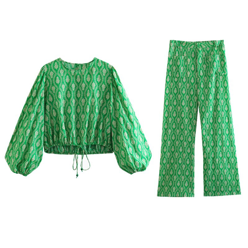 Autumn Vintage Floral Printed Long Pants Suits For Women Tied Hem Crop Top Wide Leg Loose Pants Female 2 Piece Sets Outfits Green full set TZ167