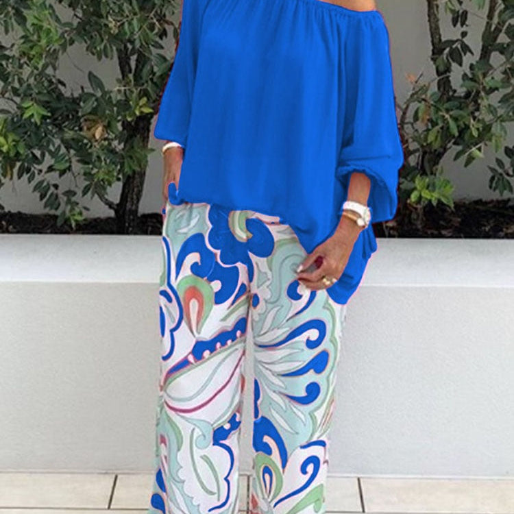 One-shoulder Loose Long Sleeved T Shirt Set Women's Spring Autumn Leisure Printed Wide Leg Trousers + Shirt Two Piece deep blue