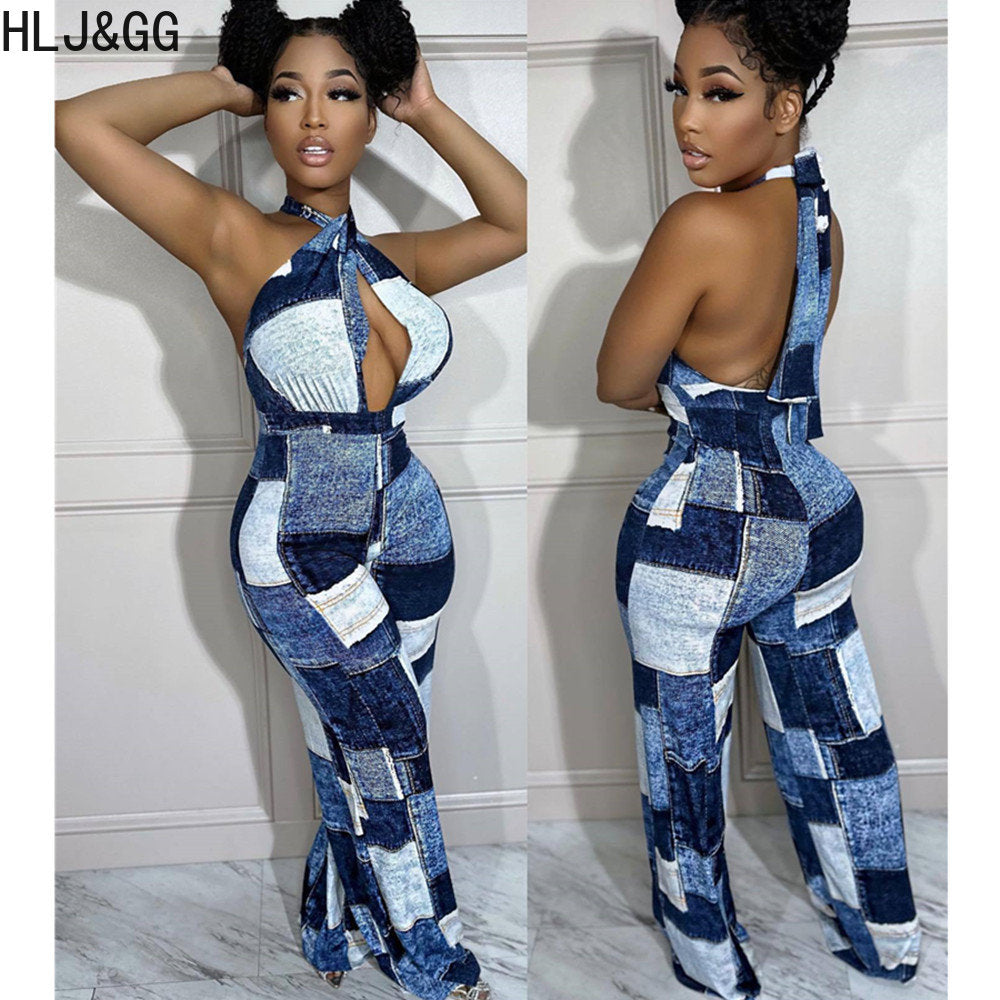 Blue Sexy Denim Color Patchwork Jumpsuits Women Hollow Out Halter One Piece Playsuits Casual Plaid Printing Overalls