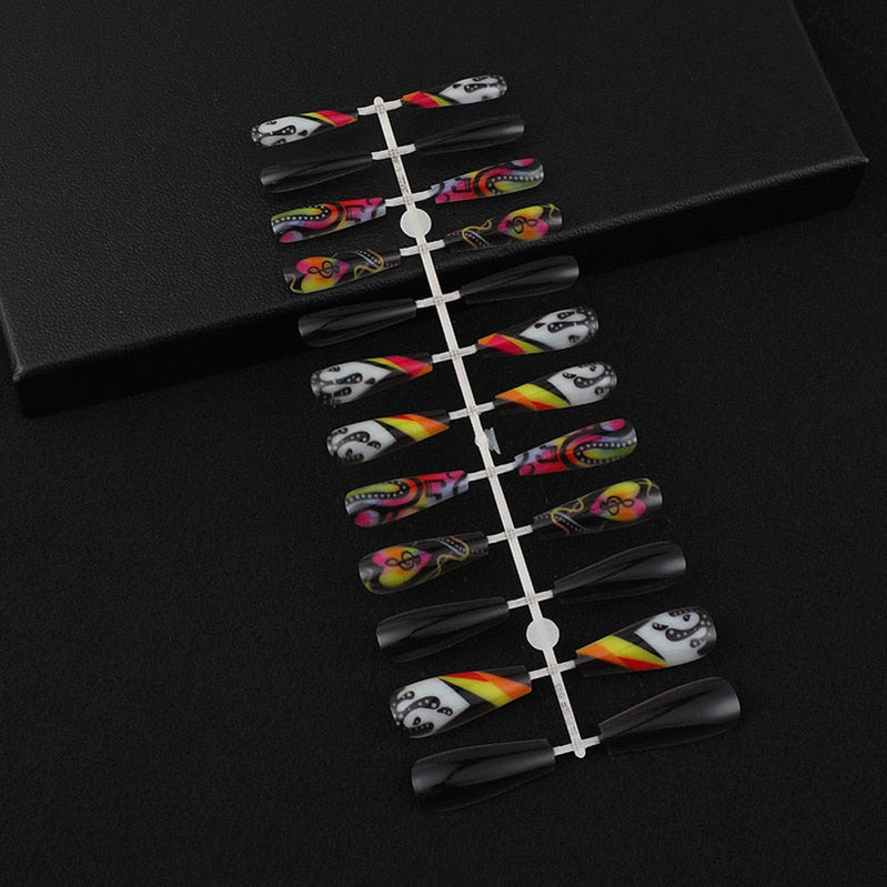 3D Fake nails set press on faux ongles capsule tips DIY manicure supplies Colorful sheet music designs long false acrylic nails B no box