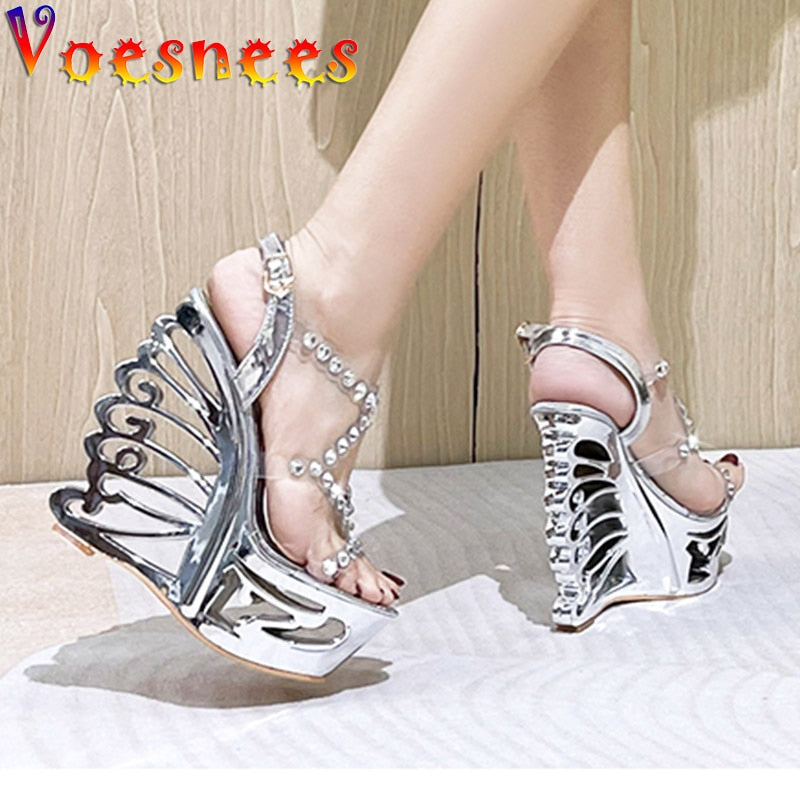 Summer New Hollow Out Wedge Women's Pumps Shiny Sequins Fashion Party Shoes Club Heels Transparent Narrow Belt Sandals