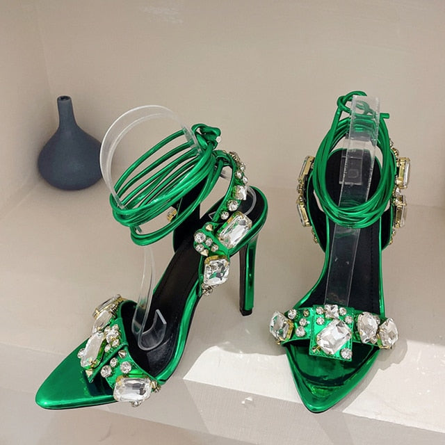 Sexy Ankle Strap Golded Sandals Women Party Nightclub Stripper Heels Crystal Diamond Pointed Toe Wedding Shoe 11CM Green
