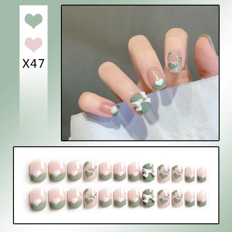 24PCS/Box Bowknot Rabbit Pattern Pearl Short Square Designer Fashion Design French Style Full Covering Pressed Fake Nails X47--Fake Nails