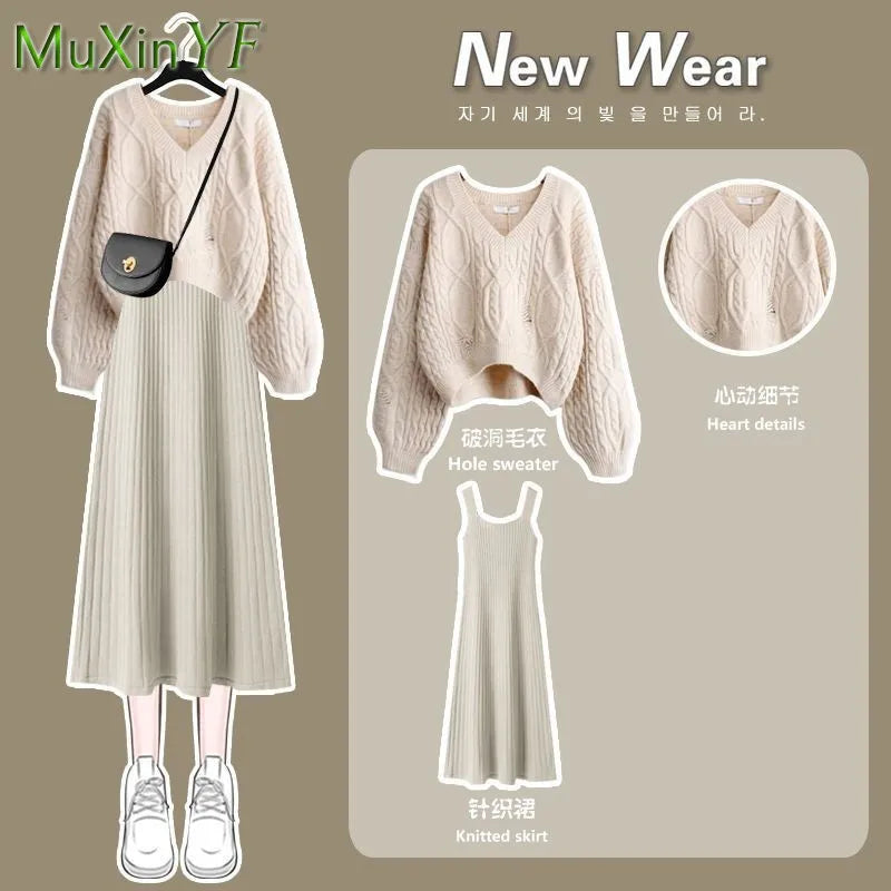 Kvinnors Autumn Winter New Fashion V-hals tröja stickad klänning Två stycke koreansk elegant toppkjol Matchande Set Female Suit