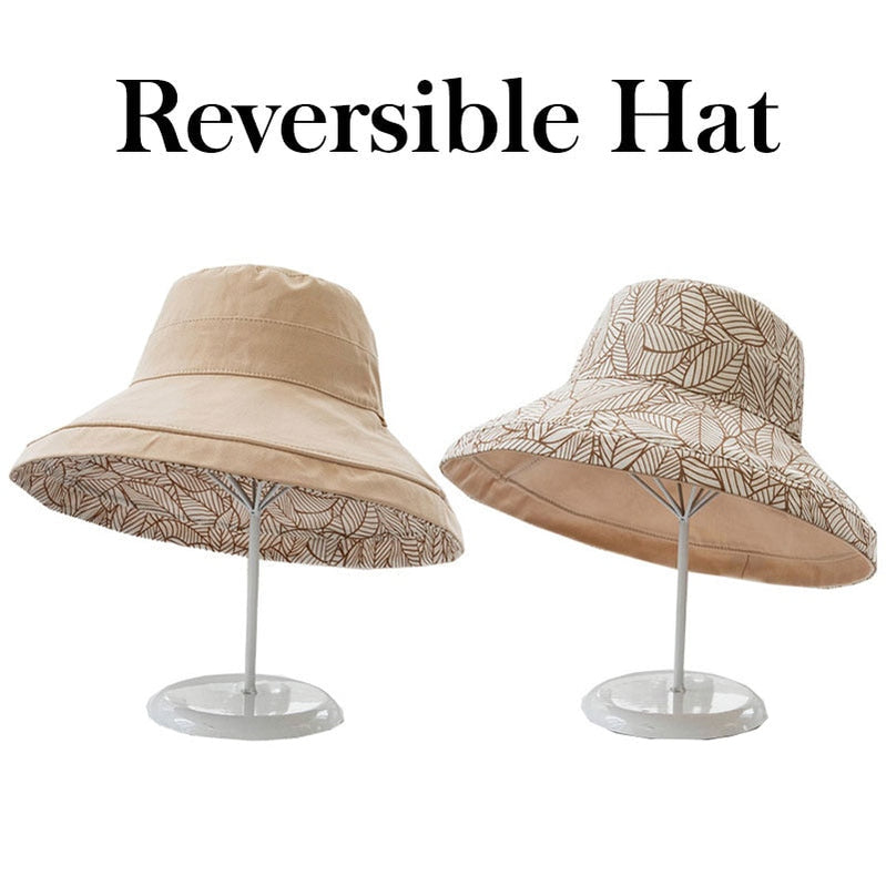 Spring Summer Print Reversible Sun Beach Hat Woman Girl Outdoor Travel Vacation Fisherman Cap Wide Brim 12.5cm Visor Hat B Beige Head Girth 56-58cm