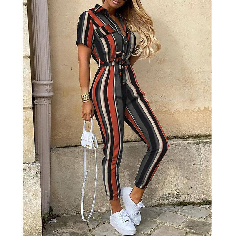 Overalls for Women New Casual Lapel Lace-up Print Belt Work Jumpsuit Women One Pieces Bodysuit Women Chic and Elegant Jumpsuits Mixed Color