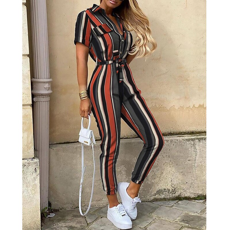 Overalls for Women New Casual Lapel Lace-up Print Belt Work Jumpsuit Women One Pieces Bodysuit Women Chic and Elegant Jumpsuits Mixed Color