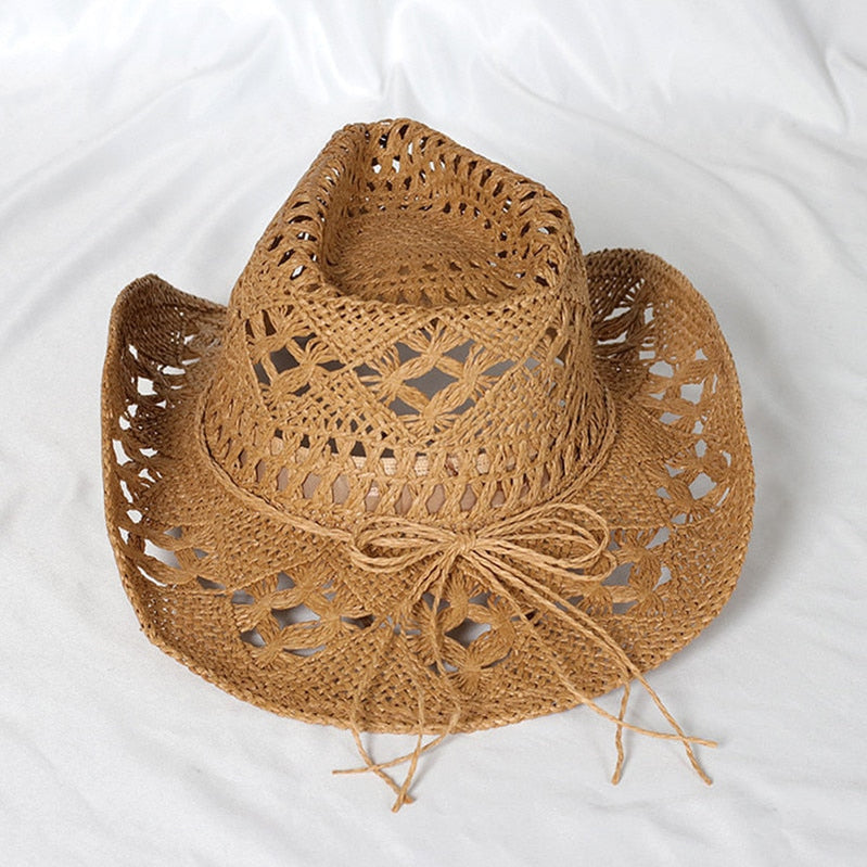 Cowboy hat fashion hollow handmade cowboy straw hat men&#39;s summer outdoor travel beach hat unisex solid color western cowboy hat