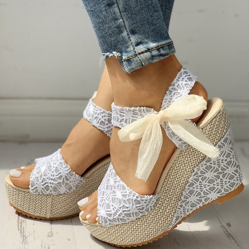 hot lace Women Wedges heeled women Shoes Summer Sandals Party Platform High Heels Shoes Woman