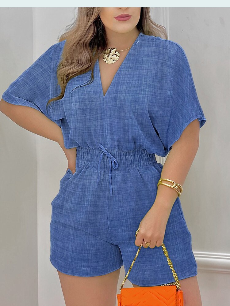 Summer Women Print Jumpsuit Fashion Casual Playsuit V-neck Elegant Romper New Holiday Short Sleeve Outfits Streetwear Jumpsuit Blue