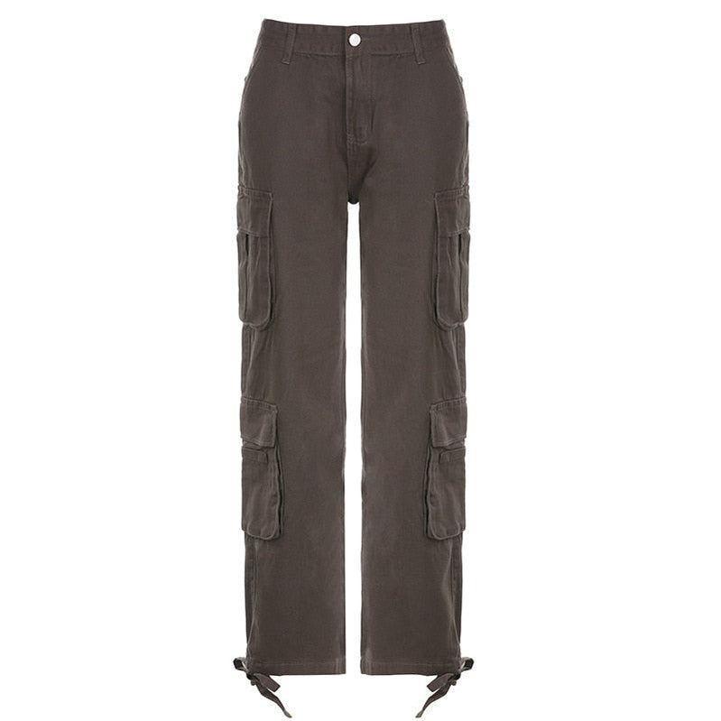 PASSIONNÉ Trousers for Women High Waist Pockets Lace-up Wide Leg Pants Female Vintage Streetwear Style Fashion New Grey