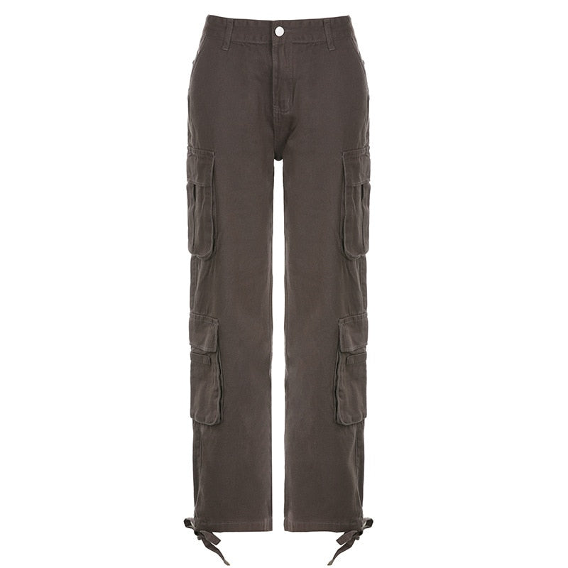 PASSIONNÉ Trousers for Women High Waist Pockets Lace-up Wide Leg Pants Female Vintage Streetwear Style Fashion New Grey