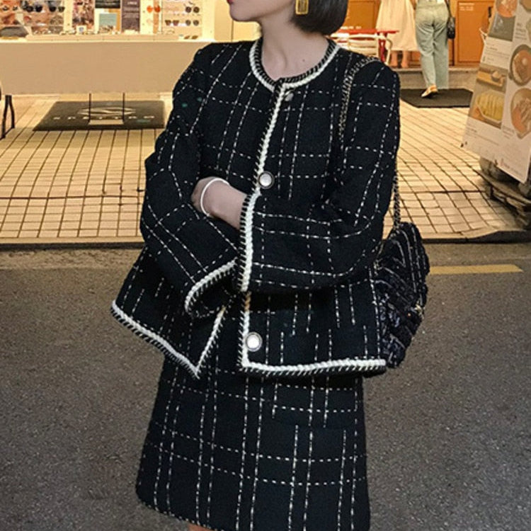 European Style Autumn Winter 2 Piece Set Women Short Woolen Tweed Jacket Coat & Bodycon Mini Skirt Set Women Two Piece Outfits