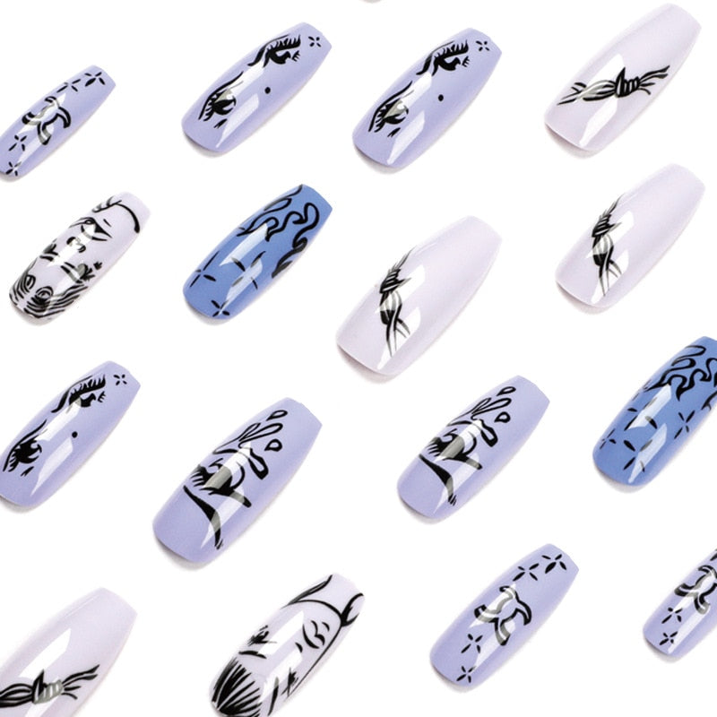 Black Comic Hand Drawn Pattern Wearable Nail Art Glossy Purple Long Ballet Detachable Finished False Nails Press on Nails