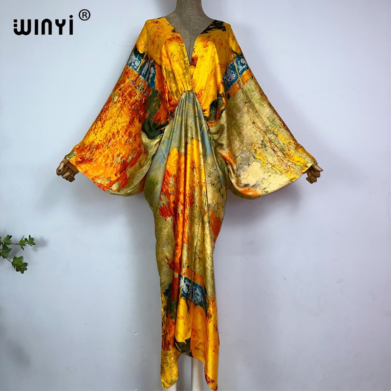 Sexy bech hand-rolled feel silk rayon fashion print Maxi Women's robes long beach V-neck Bohemian dress 9 One Size