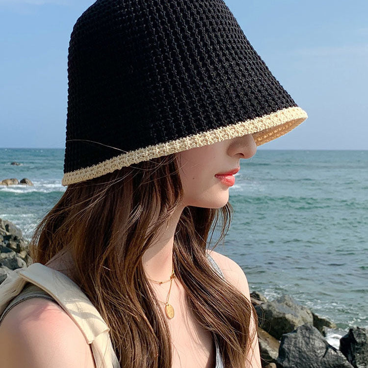Summer Bicolor Knit Bucket Hat For Woman 2023 Trendy Black Bucket Hat Sun Caps Fashion Trend Charm Y2k Young Girl Kpop Gift Girl