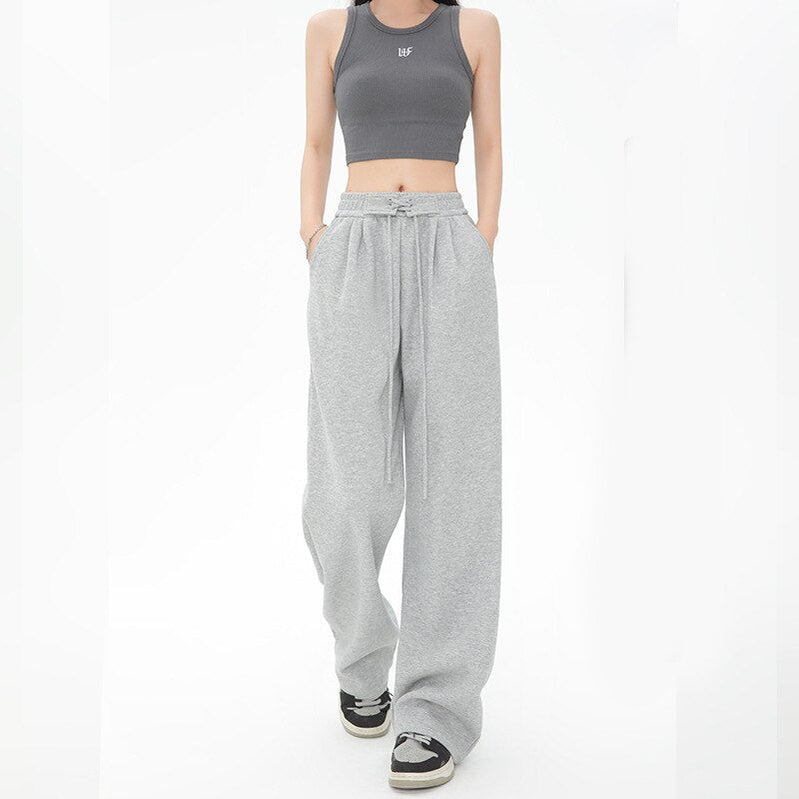 Women Spring Autumn Pants Fashion High Waist Straight Long Wide leg Sports pants Female Casual Female Long Pants Trousers Gray