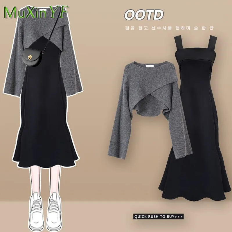 Autumn Winter Fashion Short Knitting Sweater+suspender Dress Two-piece Korean Elegant Bow Cardigan Sexy Fishtail Skirt Set